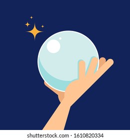 Crystal ball flat design isolated on dark blue background. Magic and fortune teller concept, vector illustration