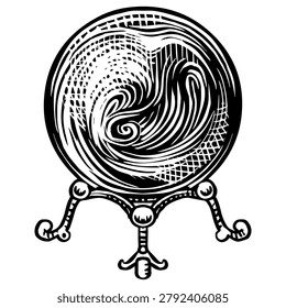 Crystal ball future prediction fate and fortune teller Wizardry and witchcraft element for magic rituals and spiritualism and halloween. digital hand drawn engraving in old traditional vintage style.