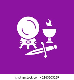 Crystal ball glyph icon. Crystal ball to predict the future. Dagger and goblet of fire. Magical arts concept. Filled flat sign. Isolated silhouette vector illustration