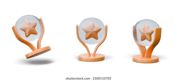 Crystal ball with gold star inside. Realistic trophy on metal stand