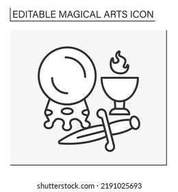 Crystal ball line icon. Crystal ball to predict the future. Dagger and goblet of fire. Magical arts concept. Isolated vector illustration. Editable stroke