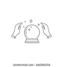Crystal Ball Magic Line Icon With Hands. Vector Logo Template