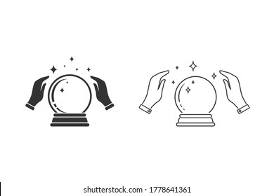 Das Symbol der Kristallballmagie ist mit Händen gesetzt. Vorlage für Vektorgrafiken-Logo