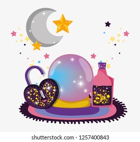 crystal ball with magic potions and padlock