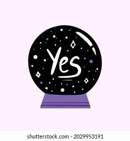 Balón de cristal, esfera mágica con respuesta sí para adivinanzas y predicciones, icono conceptual vectorial, ilustración.