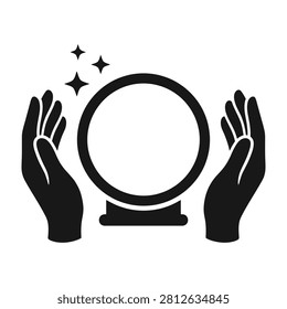 A crystal ball on a stand with hands on either side and magic sparks mystical vision prediction