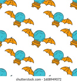 Crystal Ball Seamless Pattern. Occultism Seamless Pattern. Magic Fortune Telling Seamless Pattern. Crystal Ball Seamless Pattern on white background isolated. Stock Vector Illustration. Cartoon style.