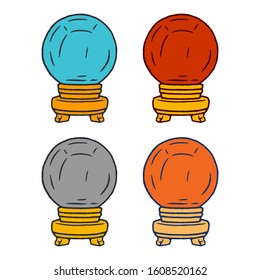 Crystal Ball Set. Occultism Set. Magic Fortune Telling Set. Crystal Ball Kit on white background isolated. Stock Vector Illustration. Cartoon style.