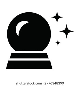 A crystal ball sits on a stand surrounded by sparkling stars, mystical and magical, fortune telling and divination, mysterious and dreamy, spiritual and astrology, crystal ball gazing