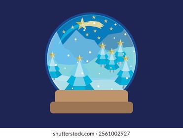 Crystal ball with snowy landscape, pine trees and mountains
