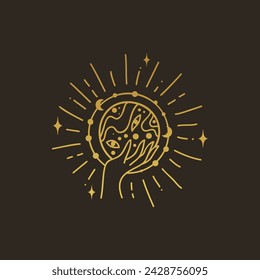 Crystal ball vector illustration, hand drawn celestial boho line art logo, icons and symbol mystic ocult tattoo elements for decoration.