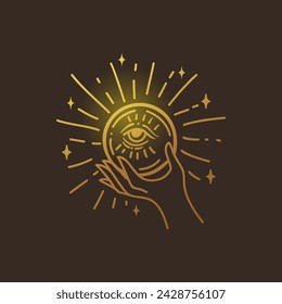 Crystal ball vector illustration, hand drawn celestial boho line art logo, icons and symbol mystic ocult tattoo elements for decoration.
