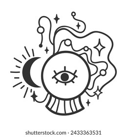 Crystal ball vector illustration, hand drawn celestial boho line art logo, icons and symbol mystic ocult tattoo elements for decoration.