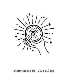 Ilustración vectorial de bola de cristal, logotipo de arte de línea boho celestial dibujado a mano, iconos y elementos de tatuaje místico símbolo ocult para la decoración.