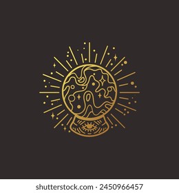 Crystal ball vector illustration, hand drawn celestial boho line art logo, icons and symbol mystic ocult tattoo elements for decoration.