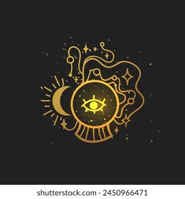 Crystal ball vector illustration, hand drawn celestial boho line art logo, icons and symbol mystic ocult tattoo elements for decoration.