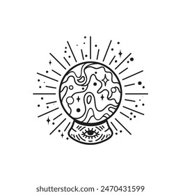 Ilustración vectorial de bola de cristal, logotipo de arte de línea boho celestial dibujado a mano, íconos y Elementos de tatuaje místico ocultado para decoración.