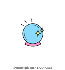 Crystal ball vector illustration icon. Doodle hand drawn outlined cartoon fortune's teller ball with sparkles. Isolated.