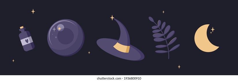 Crystal ball, witch hat, poison, moon vector illustrations. Set of mystic things flat style