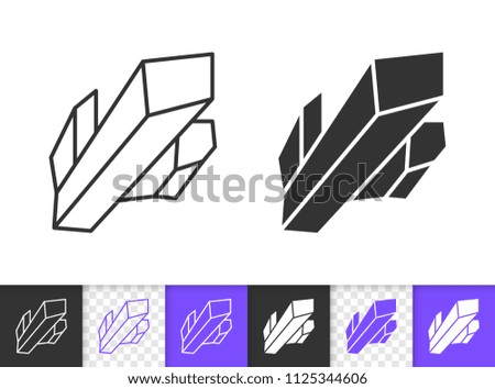 Crystal black linear and silhouette icons. Thin line sign of gemstone. Mineral outline pictogram isolated on white transparent background. Vector Icon shape. Amethyst Crystal simple symbol closeup