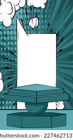 Crystal Blue Comic Book Showcase. Abstraktes Kartoon-Produktions-Podium. Manga Style Showroom Mock up Präsentation. Pop-Art-Hintergrund.