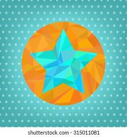 The crystal blue five-pointed star on seamless background. Cerulean crystal star on an orange background. Seamless pattern of small five-pointed stars.