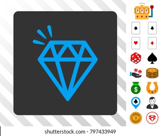 Crystal blue icon inside gray rounded square with bonus casino symbols. Vector illustration style is flat iconic symbols. Designed for gambling apps.