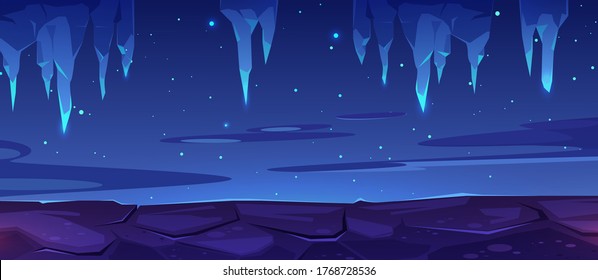 Paisaje de las cuevas de cristal, noche, fondo de diseño
juegos o volante. Caricatura vectorial