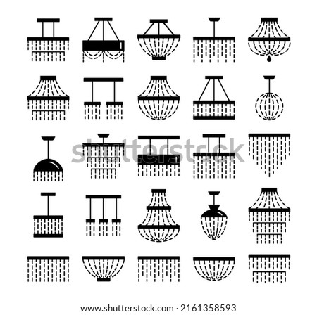 Crystal ceiling lights. Set of modern ornate chandeliers. Luxury home retro and modern lamps. Vector flat icon collection. Isolated objects on white background
