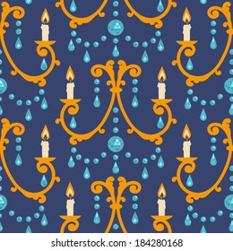 Crystal chandelier with burning candles. Vector seamless pattern.