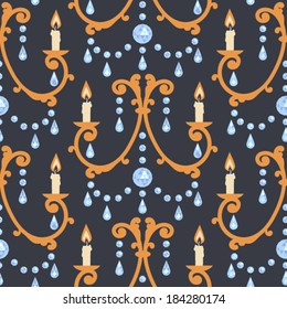 Crystal chandelier with burning candles. Vector seamless pattern.