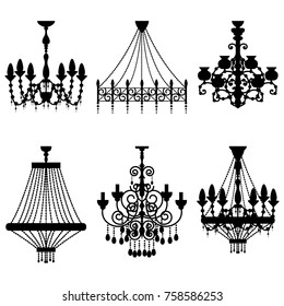 Crystal chandelier silhouettes set. Vector vintage classic luster isolated on white background.