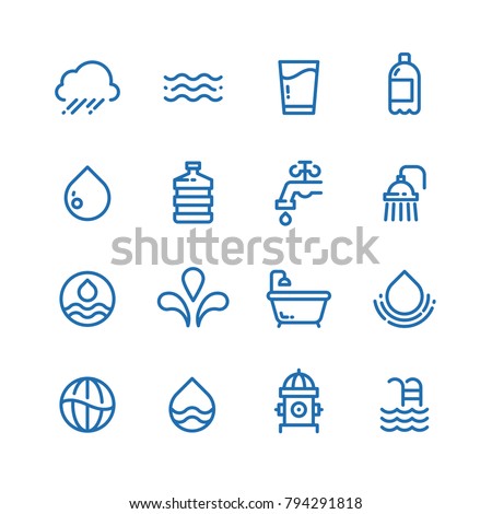 Crystal clean water drops, fresh drinks and hygiene line vector icons. Water drop and drink pure illustration