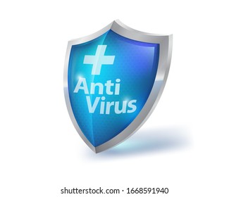 Crystal Clear Blue Glass Shield, Anti Virus On White Background.
Futuristic Technology Concept Firewall Medicine Medical Equipment.
