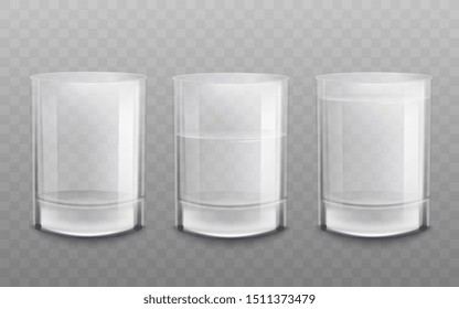 Crystal clear empty water or alcohol beverage glasses set of three the realistic vector mockup illustration isolated on transparentbackground. Drinks package design element.