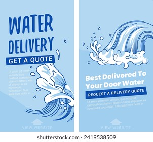 Agua de bebida transparente filtrada. Entrega rápida directa a la puerta. Ola y salpicaduras de líquido. Tarifas transparentes, pago conveniente. Cartel promocional o anuncio. Vector de estilo plano