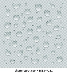 Crystal clear shiny realistic vector water drops set. Transparent pure cool aqua drops design elements.