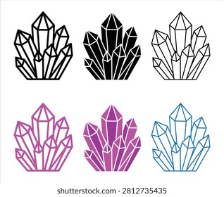 Crystal cluster icon. various vector styles including outline, glyph, and color. ideal for representing gemstones, minerals, geology, magic, healing, and precious jewels in natural or fantasy designs.