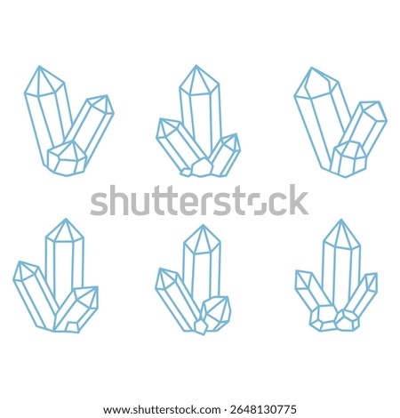 Crystal Cluster Outline Icons Set – Blue Geometric Quartz Crystal Line Art