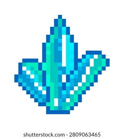 Crystal cluster with sharp facets rendered in chunky pixels and crisp squares. Symbol of treasure, wealth, loot, rarity, and reward from retro gaming. Cartoon vector illustration.