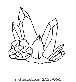 Kristall Cluster Vektorgrafik. Lineare Illustration im Umrissstil von Mineralien für mystische Künste, Alchemie-Themen, Tattoos, Plakate, Drucke, Malvorlagen und esoterische Fantasy-Designs.