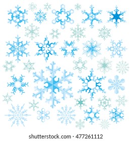 crystal of colored snowflakes with grain, big set, flat illustration