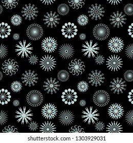 crystal colored snowflakes a seamless pattern tile over black background for festive and celebration surface design occasions, textile, fabric, wallpaper, backdrops. 