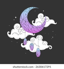 Luna creciente de cristal en cielo oscuro con nubes de remolino. Luna creciente decorada con cristales. Ilustración vectorial