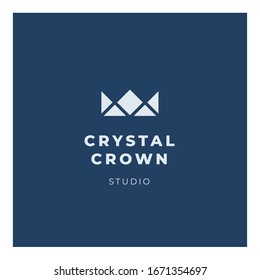 Crystal crown sign vector logo. Minimal style straight form shape to design corporate identity and branding. Dark blue premium solid color background. Can be used for branding bank or commercial firm.