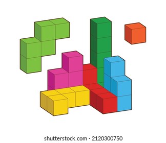 Crystal Cube. 3D Building Block Set. Isometric Blocks. Abstract Construction From Isometric Blocks Tetris Shapes. The Concept Of Logical Thinking, Geometric Shapes.