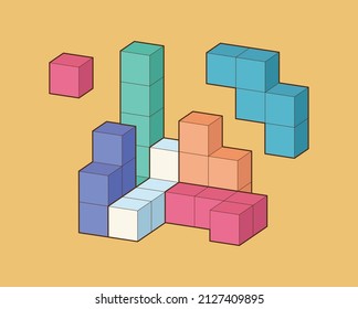 Crystal Cube. 3D Building Block Set. Isometric Blocks. Abstract Construction From Isometric Tetris Blocks Shapes. The Concept Of Logical Thinking, Geometric Shapes. Vector Illustration