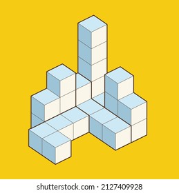 Crystal Cube. 3D Building Block Set. Isometric Blocks. Abstract Construction From Isometric Tetris Blocks Shapes. The Concept Of Logical Thinking, Geometric Shapes. Vector Illustration