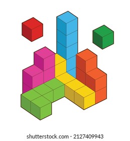 Crystal Cube. 3D Building Block Set. Isometric Blocks. Abstract Construction From Isometric Tetris Blocks Shapes. The Concept Of Logical Thinking, Geometric Shapes. Vector Illustration