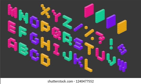 Crystal cube alphabet. 3D Letters set. Isometric ABC.